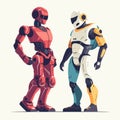Two futuristic robots in red and yellow colors standing face to face. Modern androids interacting with each other vector