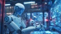 Two futuristic white humanoid robots are actively working on glowing blue digital screen interface in complex, server room, Royalty Free Stock Photo