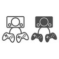 Two gamepads line and glyph icon. Video gaming vector illustration isolated on white. Game controller outline style