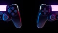 Two gaming controllers on black background. Console gamepad 3d render.