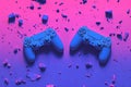 Two gaming controllers on a neon-lit surface with shattered debris in a futuristic style Royalty Free Stock Photo