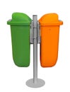 Two garbage cans orange and green on white.