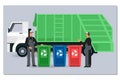 Two garbagemen working together on emptying dustbins for trash removal.Garbage truck and dustmen. Illustration in flat Royalty Free Stock Photo