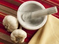 Two garlic bulbs with mortar and pestle Royalty Free Stock Photo