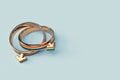 Two gay male wedding rings isolated on pastel green background. Copy space included. LGBTQ+ people right to live together concept