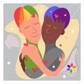 Two gay men, black and white. LGBT couple . Cartoon character of young gay couple hugs, romantic and Valentine`s day concept