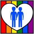 Two gay men holding hands against the background of the heart and the LGBT flag. Homosexual family