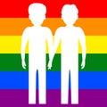 Two gay men holding hands against the background of the LGBT flag. Homosexual family