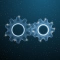 Two Gears low poly industrial machine. Cog polygonal concept whith line and dots. Blue wireframe gear business solution light Royalty Free Stock Photo