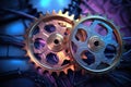 two gears meshing together against a techy background