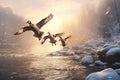 Two geese flying over a frozen river at sunset. 3d rendering, Flock of wild ducks flying over frozen river. Wildlife in winter Royalty Free Stock Photo