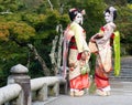 Two geishas in Japanese garden Royalty Free Stock Photo