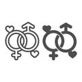 Two gender signs with hearts, unity line and solid icon, dating concept, male and female symbol vector sign on white Royalty Free Stock Photo