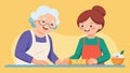 Two generations work side by side rolling out dough for homemade pasta while chatting and laughing in their native Royalty Free Stock Photo
