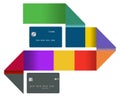 TWO generic mock credit cards are seen with a geometric and multi-colored ribbon Royalty Free Stock Photo