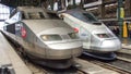 Two generations of TGV HST trains: Reseau and TMST at Gare du Nord in Paris in France. Royalty Free Stock Photo