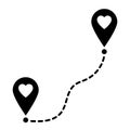 Two geolocation signs with heart. Map pointer with heart icon. Connecting lovers. Long distance relationship. Royalty Free Stock Photo