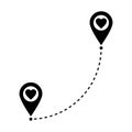 Two geolocation signs with heart. Map pointer with heart icon. Connecting lovers. Long distance relationship. Royalty Free Stock Photo