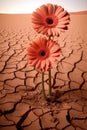 two gerbera flowers in the dry desert with cracked earth background Royalty Free Stock Photo