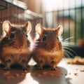 Two gerbils sit outside their enclosure, ready to explore