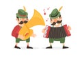 Two german cartoon musicians in bavarian costumes plays trumpets.