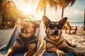 Two German Shepherd dogs in glasses lie on sunbeds on the sand on the beach near the ocean, tropics and sea, palm trees summer Royalty Free Stock Photo