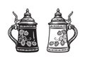 Two German stein beer mugs. Black and white. Hand drawn vector illustration on white backgraund. Brewery, beer festival