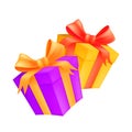 Two gift boxes with golden and red ribbons and bows. Vector illustration of wrapped carton presents isolated on white background Royalty Free Stock Photo