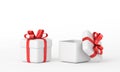 Two gift boxes, open and closed, wrapped in a red ribbon and bow on top. 3d rendering Royalty Free Stock Photo