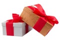 Two gift boxes with red ribbon on white Royalty Free Stock Photo