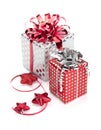 Two gift boxes with ribbons and christmas decor Royalty Free Stock Photo