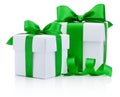 Two gift white boxs tied green ribbon bow Isolated on white Royalty Free Stock Photo