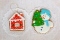 Two gingerbread cookies in the shape of the Christmas tree, snowman and small house on a white napkin background. Top