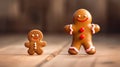 Two gingerbread man big and small dancing on the wooden kitchen table Royalty Free Stock Photo