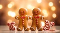 Two gingerbread man dancing on the wooden kitchen table with colorful bokeh in the background Royalty Free Stock Photo