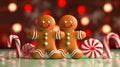 Two gingerbread man dancing on the wooden kitchen table with colorful bokeh in the background Royalty Free Stock Photo