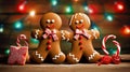 Two gingerbread man dancing on the wooden kitchen table with colorful light in the background