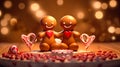 Two gingerbread men with hearts on the wooden kitchen table with colorful bokeh in the background Royalty Free Stock Photo