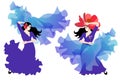 Two gipsy girls - flamenco dancers in long lilac-blue dresses posing with transparent manton in shape of flying birds Royalty Free Stock Photo