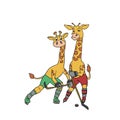 two girafes playing ice hockey illustration