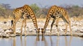 Two giraffes drinking water from a pond Royalty Free Stock Photo