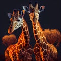 Two giraffes in lovely warm colors giraffe heads at night Royalty Free Stock Photo