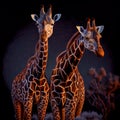 Two giraffes in lovely warm colors giraffe heads at night Royalty Free Stock Photo
