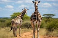 Two giraffes in the savanna of Kenya, Africa, Giraffe and Plains zebra in Kruger National park, South Africa, AI Generated Royalty Free Stock Photo