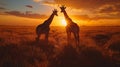 Two Giraffes Standing in Field at Sunset Royalty Free Stock Photo