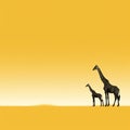 two giraffes standing in front of a yellow background