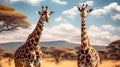 Two giraffes standing next to each other in a field with trees in the background. Generative AI Royalty Free Stock Photo