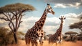 Two giraffes standing next to each other in a field with trees in the background. Generative AI Royalty Free Stock Photo