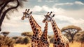 Two giraffes standing next to each other in a field with trees and a sky with clouds in the background. Generative AI Royalty Free Stock Photo