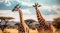 Two giraffes standing next to each other in a field with trees and a sky with clouds in the background. Generative AI Royalty Free Stock Photo